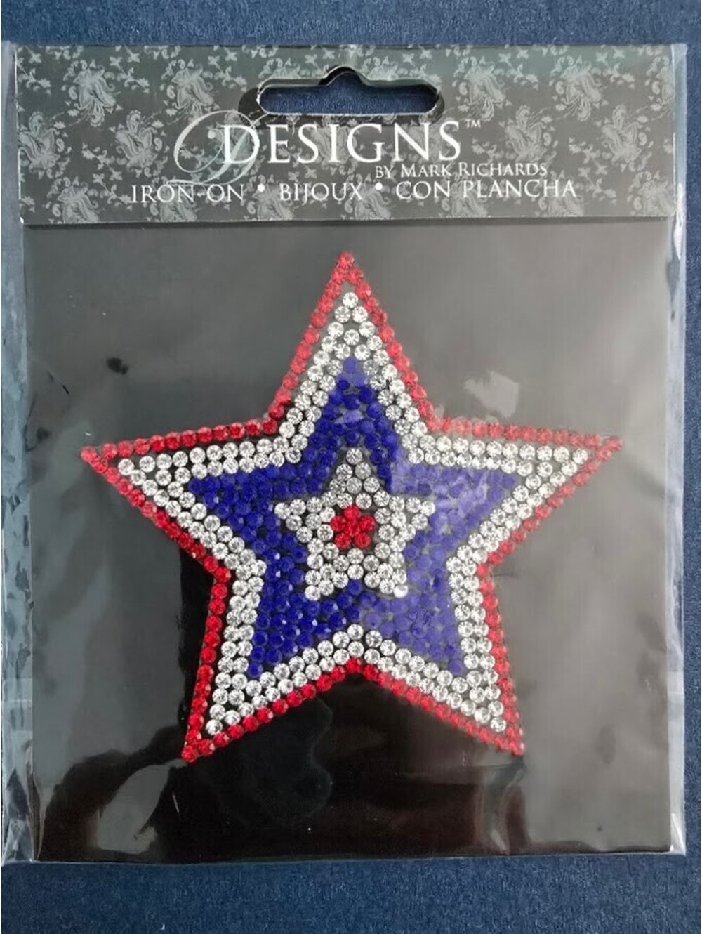Patriotic Rhinestone Star Iron-On Patch Red White Blue